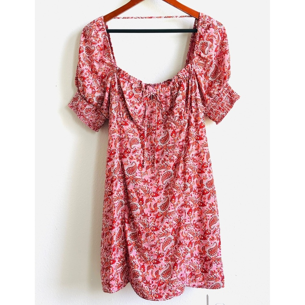 ROW A Red & Pink Paisley Short Sleeve Sweetheart Mini Dress Women's Medium NEW